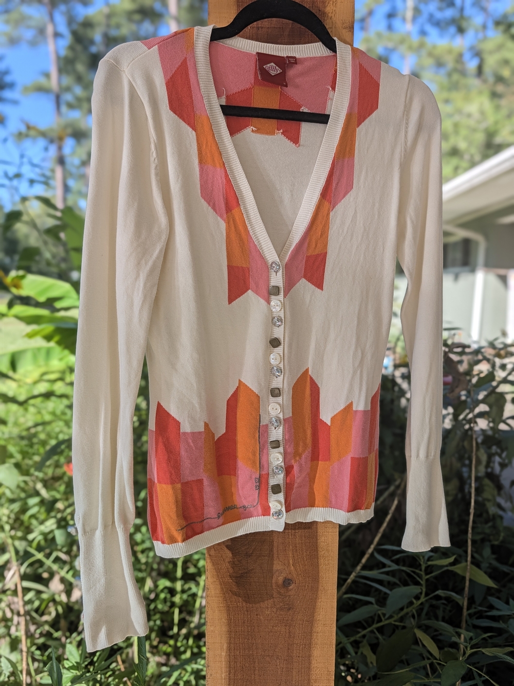 Oilily Cream Button-Down Cardigan with Pink & Orange Geo Pattern
